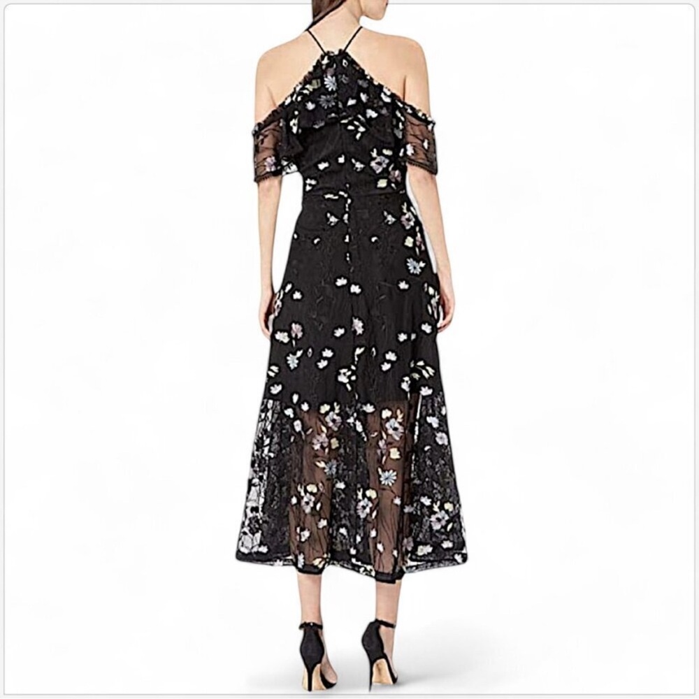 Monique Lhuillier Black Lace Embroidered Mesh Cold Shoulder Midi Dress Sz 14 - Picture 2 of 5